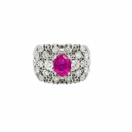 Bague 50 Style Mario Buccellati - Bague vintage gravée en or blanc 18k rubis birman et diamants 58 Facettes