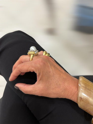 Bague 46 David Webb - Bague turban en or jaune 18k, perle des mers du Sud et diamants 58 Facettes