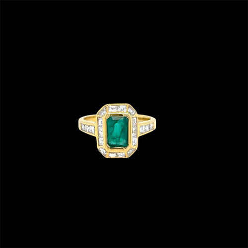 Bague 55 Bague de fiançailles rétro en or jaune 18 ct, émeraude et diamants 58 Facettes