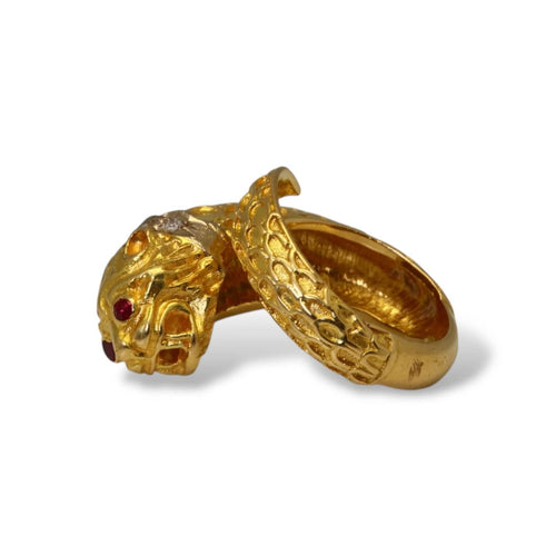 Bague 52 Lalaounis - Bague Tête de lion en or jaune et or gris, rubis et diamants 58 Facettes
