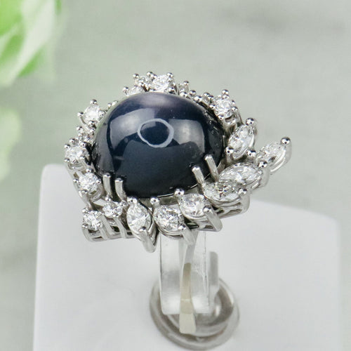 Bague 53.5 Bague en or blanc 750 avec saphir étoilé 15 ct et diamants 58 Facettes 1864