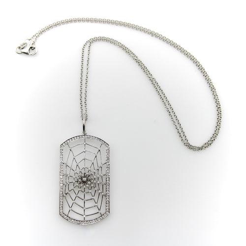 Collier Pendentif dog tag toile d’araignée en or blanc 18k et diamants, chaîne 14k 58 Facettes A2005C