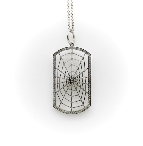 Collier Pendentif dog tag toile d’araignée en or blanc 18k et diamants, chaîne 14k 58 Facettes A2005C