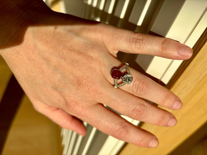 Bague 53 Bague Toi & Moi victorienne en or 18 carats, rubis et diamants 58 Facettes