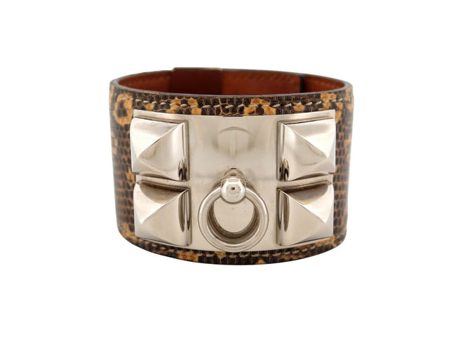 Bracelet Hermès Médor Collier de Chien - Bracelet en cuir de lézard niloticus argenté 58 Facettes 272558