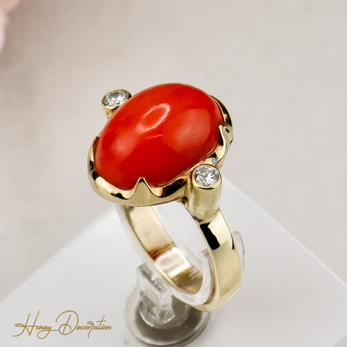 Bague 59 Bague en or 585 avec corail et diamants taille brillant 0,20 ct 58 Facettes 2659