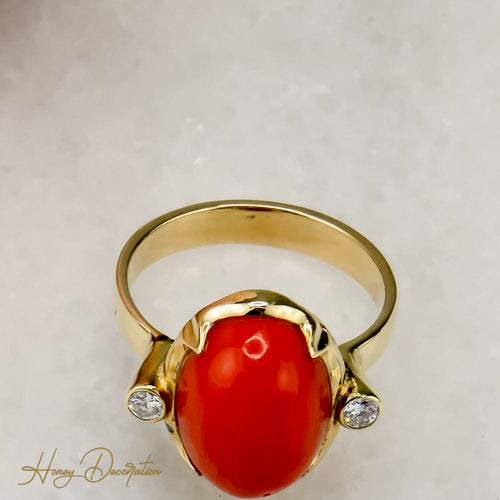 Bague 59 Bague en or 585 avec corail et diamants taille brillant 0,20 ct 58 Facettes 2659