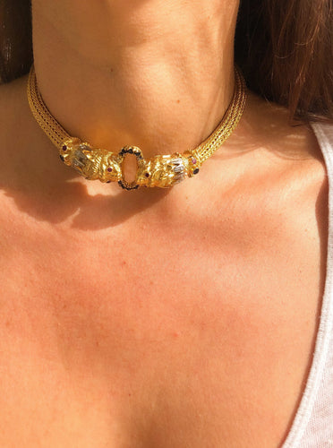 Collier Lalaounis - Collier rigide chimères en or jaune 18k, saphirs et rubis 58 Facettes 1