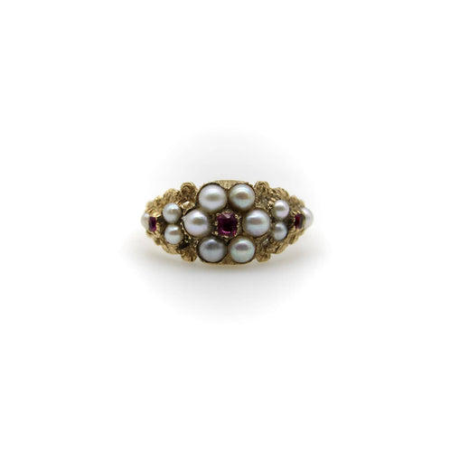 Bague 55 Bague fleur victorienne en or 15K avec perles et rubis 58 Facettes A2001A