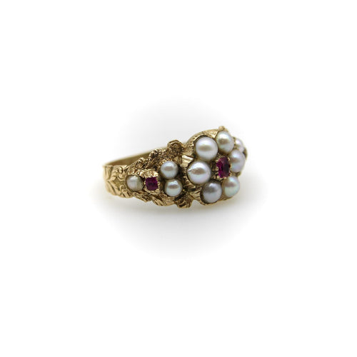 Bague 55 Bague fleur victorienne en or 15K avec perles et rubis 58 Facettes A2001A