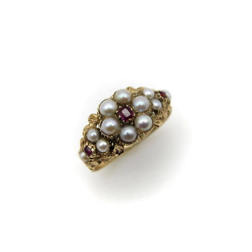 Bague 55 Bague fleur victorienne en or 15K avec perles et rubis 58 Facettes A2001A