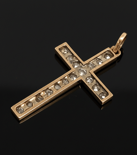 Pendentif Pendentif croix - or et argent, diamants taille rose 0,85 ct 58 Facettes