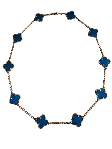 Collier Rare Van Cleef & Arpels Blue Agate Necklace 10 Motif Vintage Alhambra 18k Yellow Gold Estate Box + COA 58 Facettes G13642