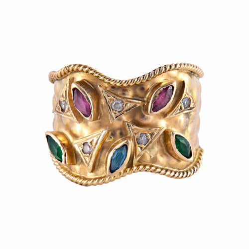 Bague 57.5 Bague « Jasmine » jonc en or jaune 18k et pierres précieuses 58 Facettes BO/220079
