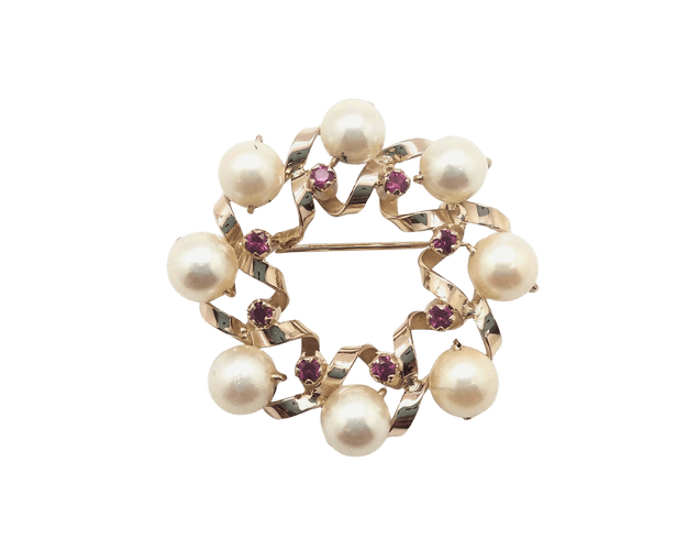 Broche Broche en or jaune avec perles et rubis 58 Facettes
