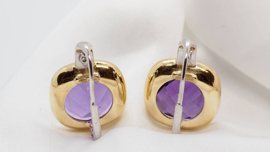 Boucles d'oreilles Boucles d’oreilles pendantes en or jaune et gris 18 kt, améthystes et diamants 58 Facettes 30489