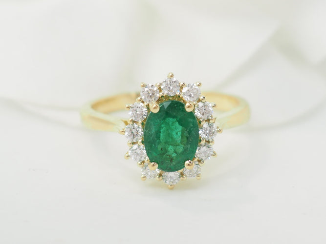 Bague 54 Bague marguerite en or jaune 18 kt, émeraude et diamants 58 Facettes 33519