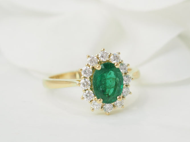 Bague 54 Bague marguerite en or jaune 18 kt, émeraude et diamants 58 Facettes 33519