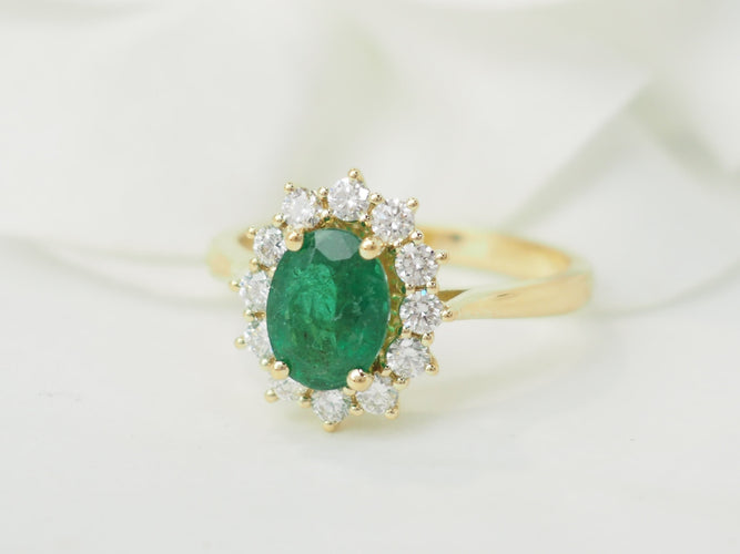 Bague 54 Bague marguerite en or jaune 18 kt, émeraude et diamants 58 Facettes 33519