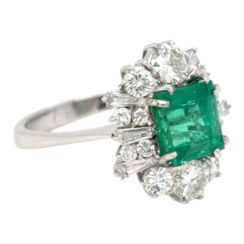 Bague 54.5 Bague vintage en or blanc 18K, émeraude colombienne 2,00 ct et diamants 58 Facettes