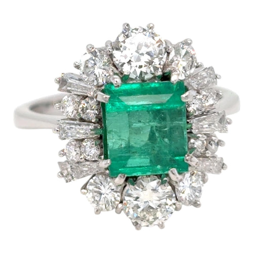 Bague 54.5 Bague vintage en or blanc 18K, émeraude colombienne 2,00 ct et diamants 58 Facettes