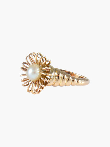 Bague Or Jaune / Perles / 51 Bague vintage godronnée en or jaune 18 carats et perle 58 Facettes BO/220027