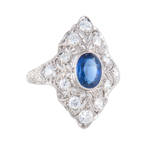 Bague 50 Bague Art Déco en platine et saphir, entourée de diamants 58 Facettes BO/220144