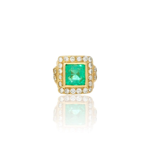 Bague 53.5 Bague vintage en or jaune 18k avec émeraude colombienne et diamants 58 Facettes