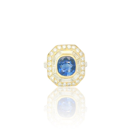 Bague 52.5 Bague coussin saphir de Ceylan et diamants en or jaune 18k 58 Facettes