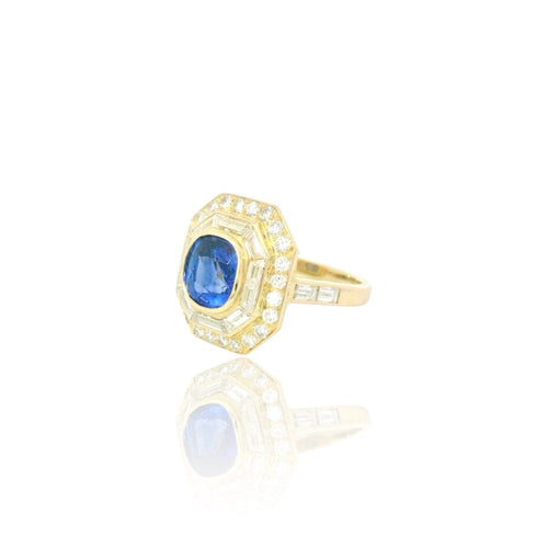 Bague 52.5 Bague coussin saphir de Ceylan et diamants en or jaune 18k 58 Facettes