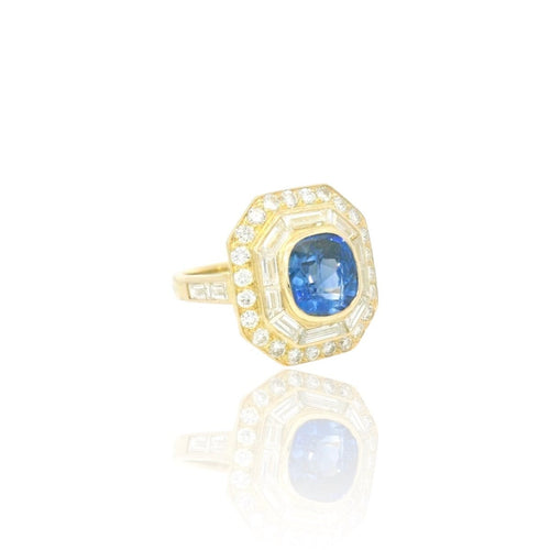 Bague 52.5 Bague coussin saphir de Ceylan et diamants en or jaune 18k 58 Facettes