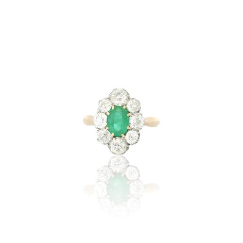 Bague 53.5 Bague cluster ancienne en or 18k, émeraude colombienne et diamants 58 Facettes