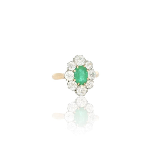 Bague 53.5 Bague cluster ancienne en or 18k, émeraude colombienne et diamants 58 Facettes