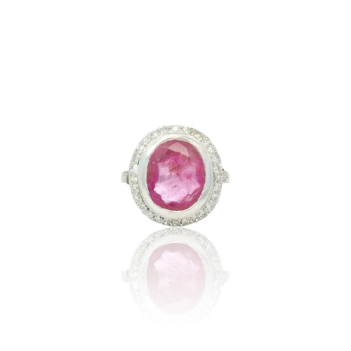 Bague 52.5 Bague vintage en or blanc 18k et rubis rose, diamants 58 Facettes