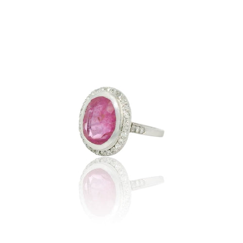 Bague 52.5 Bague vintage en or blanc 18k et rubis rose, diamants 58 Facettes