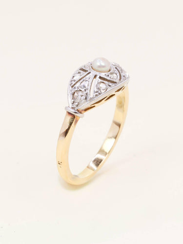 Bague 52 Bague Belle Époque en or jaune 18 carats, platine, diamants et perle fine 58 Facettes 1199.7