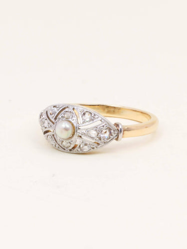 Bague 52 Bague Belle Époque en or jaune 18 carats, platine, diamants et perle fine 58 Facettes 1199.7