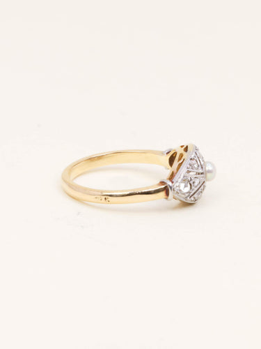 Bague 52 Bague Belle Époque en or jaune 18 carats, platine, diamants et perle fine 58 Facettes 1199.7