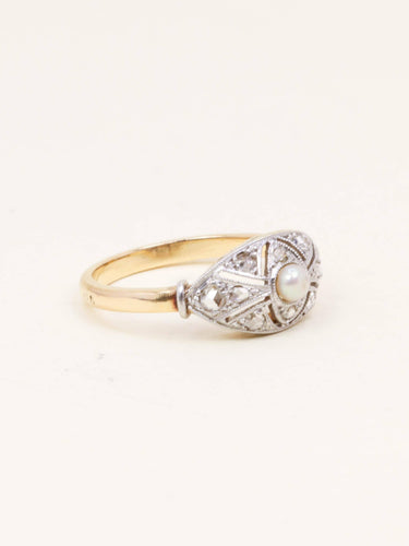Bague 52 Bague Belle Époque en or jaune 18 carats, platine, diamants et perle fine 58 Facettes 1199.7