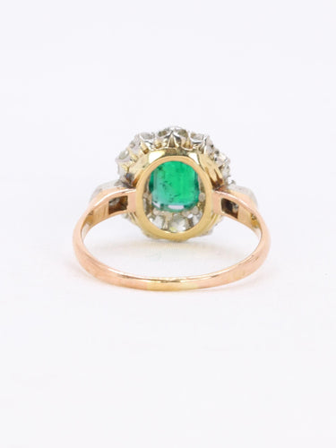 Bague 53 Bague marguerite ancienne en or rose et blanc 18 carats, émeraude et diamants 58 Facettes 1108.11