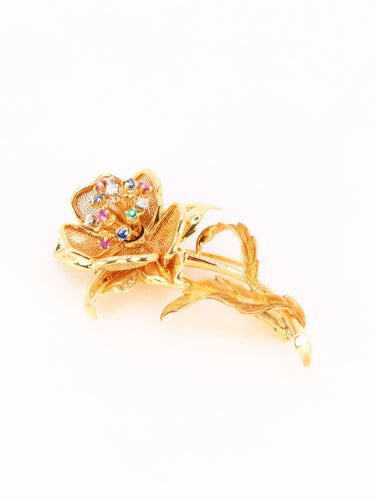 Broche Broche fleur vintage en or jaune 18 carats, diamants et pierres précieuses 58 Facettes 1126.6