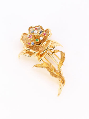 Broche Broche fleur vintage en or jaune 18 carats, diamants et pierres précieuses 58 Facettes 1126.6
