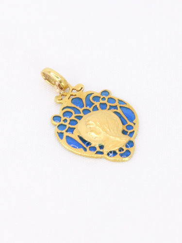 Pendentif Médaille religieuse Art nouveau en or jaune 18 carats, émail plique-à-jour bleu 58 Facettes 1153.12