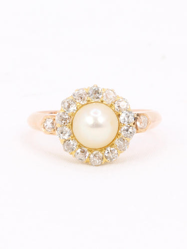 Bague 53 Bague marguerite ancienne en or rose 18 carats, perle et diamants 58 Facettes 1174.5