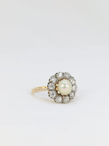 Bague 55.5 Bague marguerite en or jaune et argent avec diamants et perle fine 58 Facettes 685