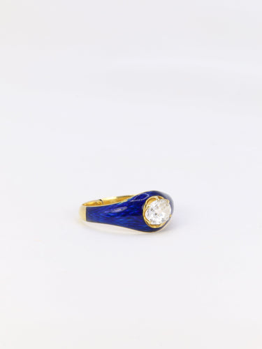 Bague 54 Bague solitaire en or jaune 18 k à diamant taille ancienne et émail bleu 58 Facettes 838