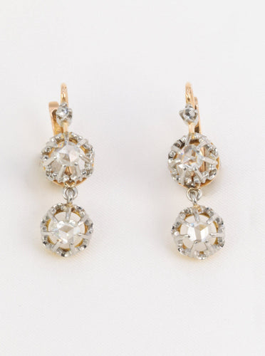 Boucles d'oreilles Dormeuses anciennes en or 18 carats, platine et diamants taille rose 58 Facettes 744
