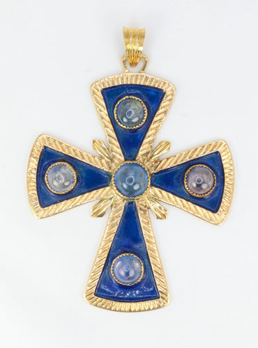 Pendentif Pendentif croix pectorale en or jaune 18k, émail et cabochons de saphirs 58 Facettes 519
