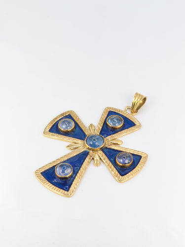 Pendentif Pendentif croix pectorale en or jaune 18k, émail et cabochons de saphirs 58 Facettes 519
