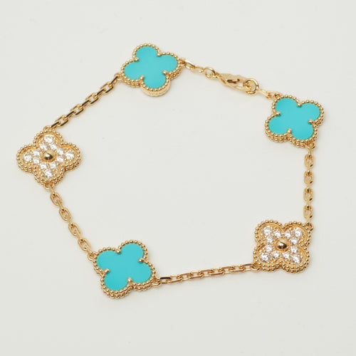 Bracelet Van Cleef & Arpels Vintage Alhambra - Bracelet 5 motifs en or jaune, turquoise et diamants 58 Facettes